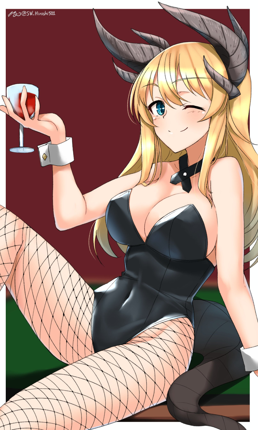 1girl absurdres alcohol black_leotard blonde_hair blue_eyes blush breasts cleavage covered_navel cup dragon_girl dragon_horns dragon_tail drinking_glass fishnet_pantyhose fishnets highres hiroshi_(hunter-of-kct) horns large_breasts leotard long_hair looking_at_viewer one_eye_closed original pantyhose signature smile solo tail wine wine_glass