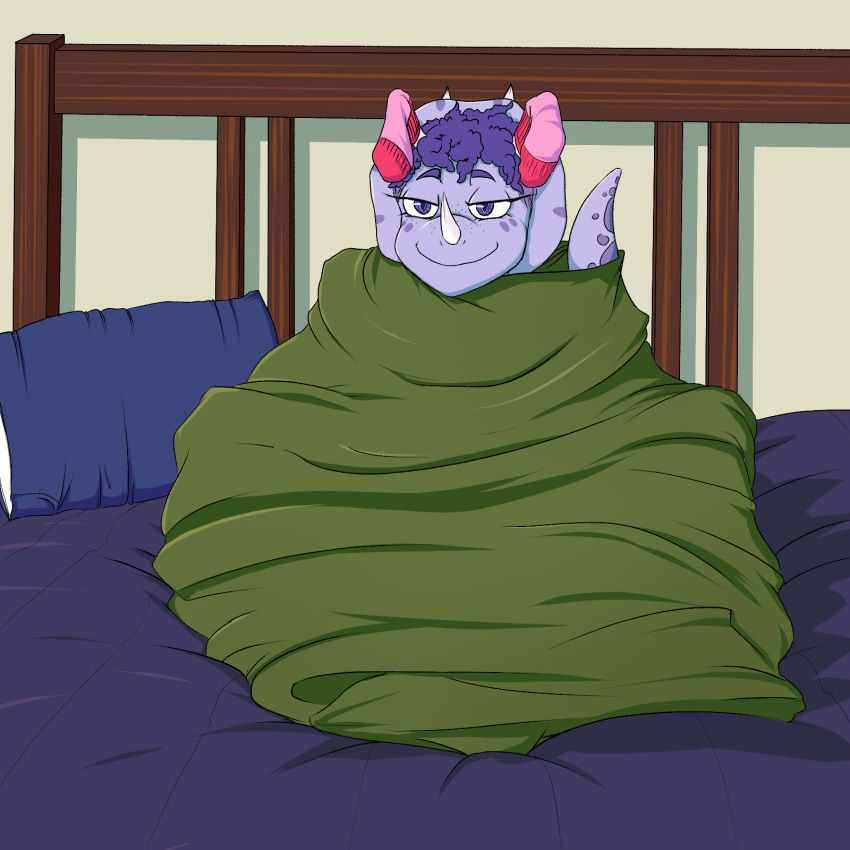 1:1 2022 3_horns anthro bed bedding blanket ceratopsian clothing detailed_background digital_drawing_(artwork) digital_media_(artwork) dinosaur eyelashes female footwear freckles frill_(anatomy) furniture goodbye_volcano_high hair heartsick hi_res horn long_tail multi_horn on_bed ornithischian purple_body purple_eyes purple_hair purple_scales reptile scales scalie short_hair smile snoot_game_(fan_game) socks solo tail triceratops trish_(gvh) wrapped_in_blanket