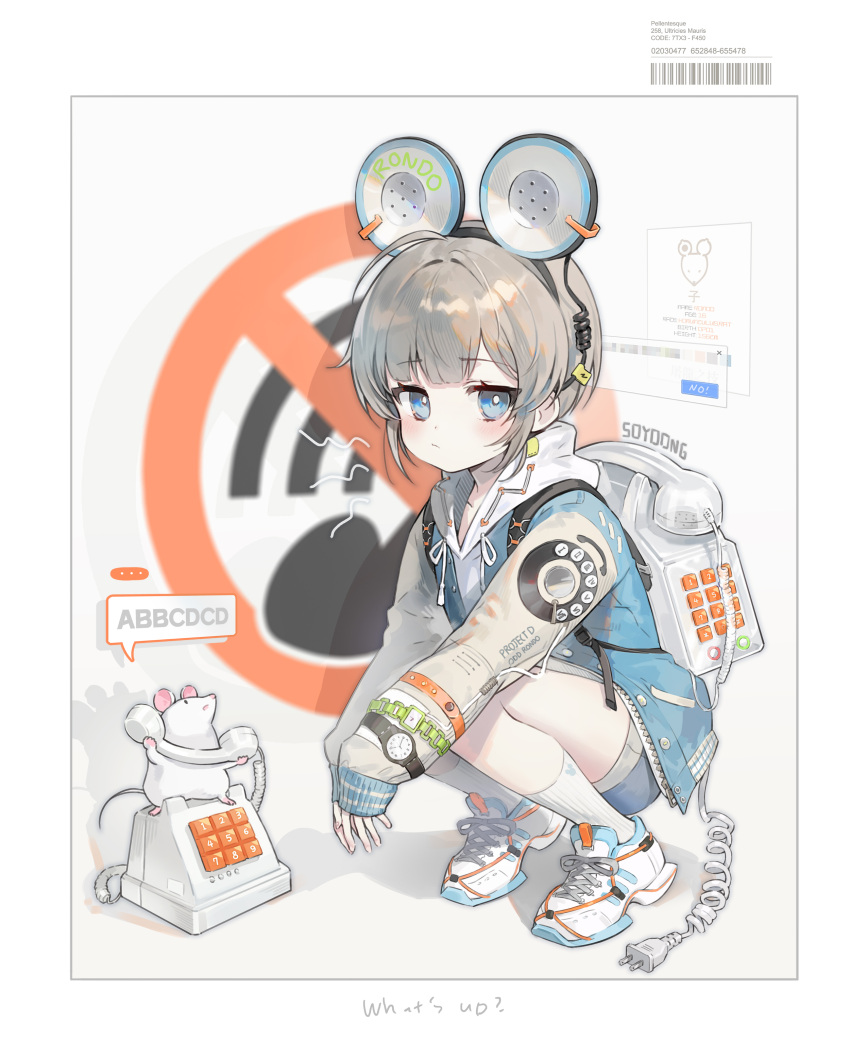 1girl absurdres animal_ears artist_name barcode blue_eyes blue_jacket blue_shorts blush closed_mouth corded_phone fake_animal_ears full_body grey_hair highres hood hoodie jacket long_sleeves mouse mouse_ears open_clothes open_jacket original phone shoes short_hair shorts socks solo soyoong_jun squatting white_hoodie white_socks