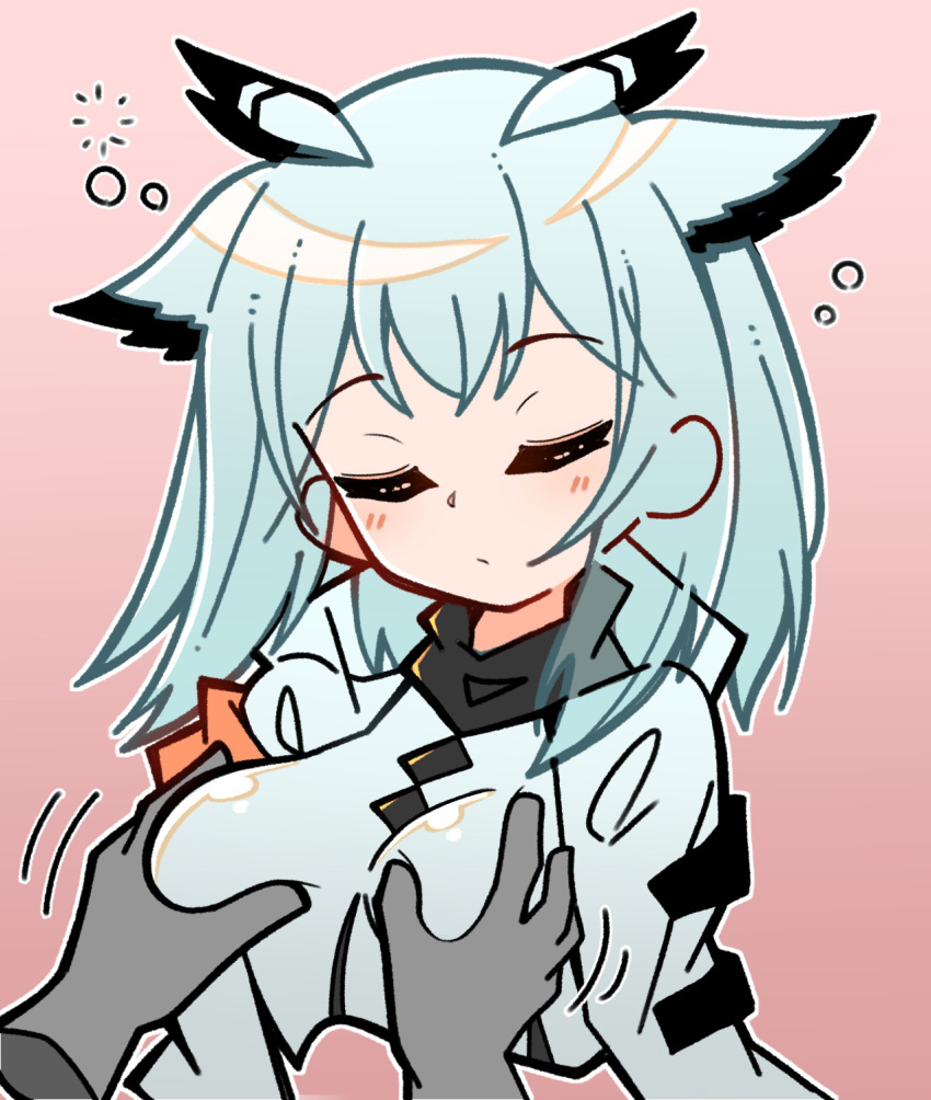 1girl 1other arknights blush breasts closed_eyes closed_mouth cropped_torso gloves grabbing grabbing_another's_breast grey_gloves grey_hair highres medium_breasts nankyoku_arikui owl_ears pink_background ptilopsis_(arknights) short_hair simple_background sleep_molestation sleeping upper_body