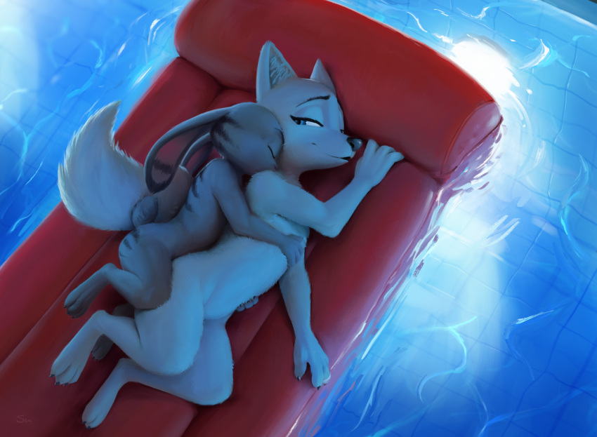 2023 3_toes 4_fingers ambiguous_gender anthro canid canine clothed clothing digital_media_(artwork) disney duo eyelashes eyeliner facial_markings feet female female_anthro fingers flat_chested fluffy fluffy_tail fox fur head_markings hi_res holding_partner inflatable_mattress jack_savage lagomorph larger_female leporid long_ears long_tail makeup male male/female male_anthro mammal markings nude rabbit raised_tail s1m short_tail simple_background size_difference skye_(zootopia) slim_female slim_male small_waist smaller_male smile spooning tail toes water zootopia