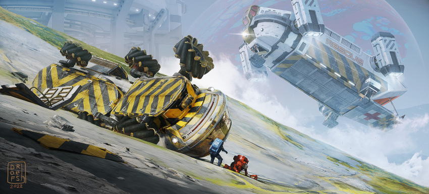 2others aircraft arm_support artist_logo cloud commentary cracked_glass cross dated dofresh english_commentary english_text flying highres multiple_others original outdoors planet red_cross scenery science_fiction spacesuit vtol winch wreckage