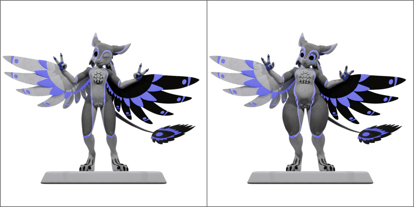 3_fingers 3_toes alav_(the_tao_swordsman) alpha_channel anthro asymmetrical_coloring avali chubby_male claws feathered_tail feathers feet finger_claws fingers fluffy glowing glowing_markings hi_res looking_at_self looking_at_viewer male markings model_sheet one_eye_closed pedestal simple_background slim_male solo tail the_tao_swordsman toe_claws toes transparent_background winged_arms wings wink