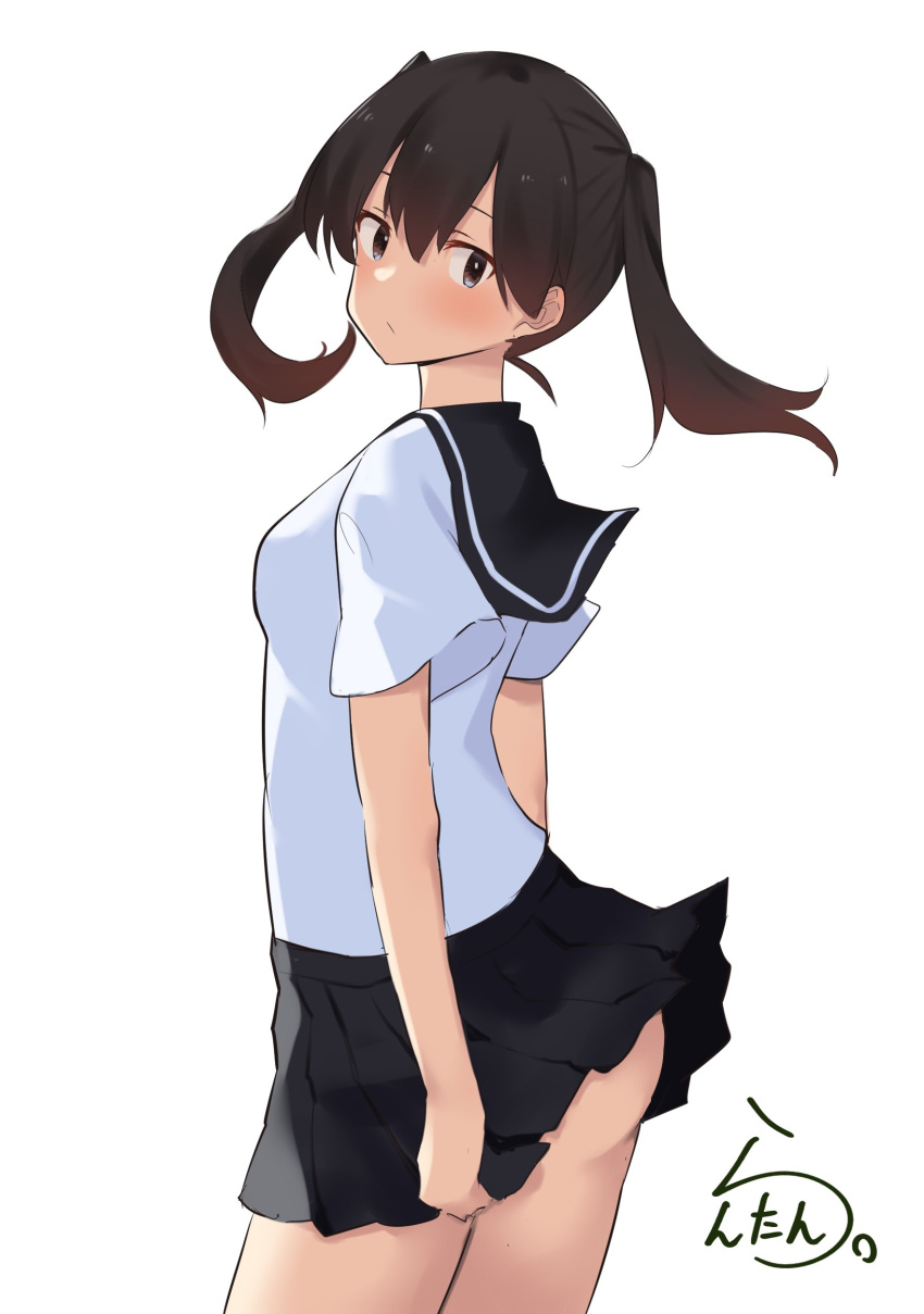 1girl absurdres alternate_costume alternate_hairstyle artist_logo artist_name ass black_eyes black_hair black_sailor_collar black_skirt cowboy_shot from_behind highres kaga_(kancolle) kantai_collection lanthan looking_at_viewer looking_back one-hour_drawing_challenge pleated_skirt sailor_collar school_uniform serafuku shirt simple_background skirt solo twintails white_background white_shirt