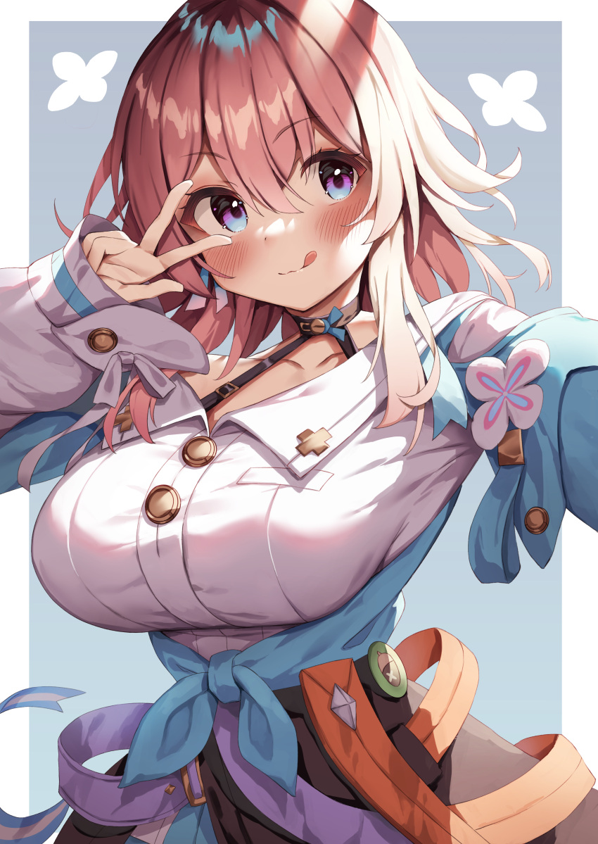 1girl :q absurdres black_choker blue_eyes blue_jacket blush bra_strap breasts buttons choker commentary_request gradient_eyes gyaru_v hair_between_eyes halterneck highres honkai:_star_rail honkai_(series) impossible_clothes impossible_shirt jacket large_breasts licking_lips long_hair march_7th_(honkai:_star_rail) multicolored_eyes pink_hair purple_eyes selfie shirt skirt solo taut_clothes taut_shirt tied_jacket tongue tongue_out v v_over_eye white_shirt yuk_(pakyaru)
