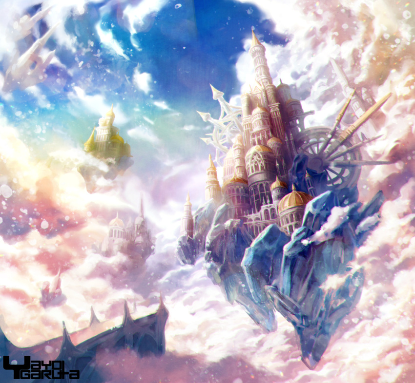 bridge castle cloud cloudy_sky concept_art crystal fantasy floating_city floating_island garutaisa original scenery sky sunlight