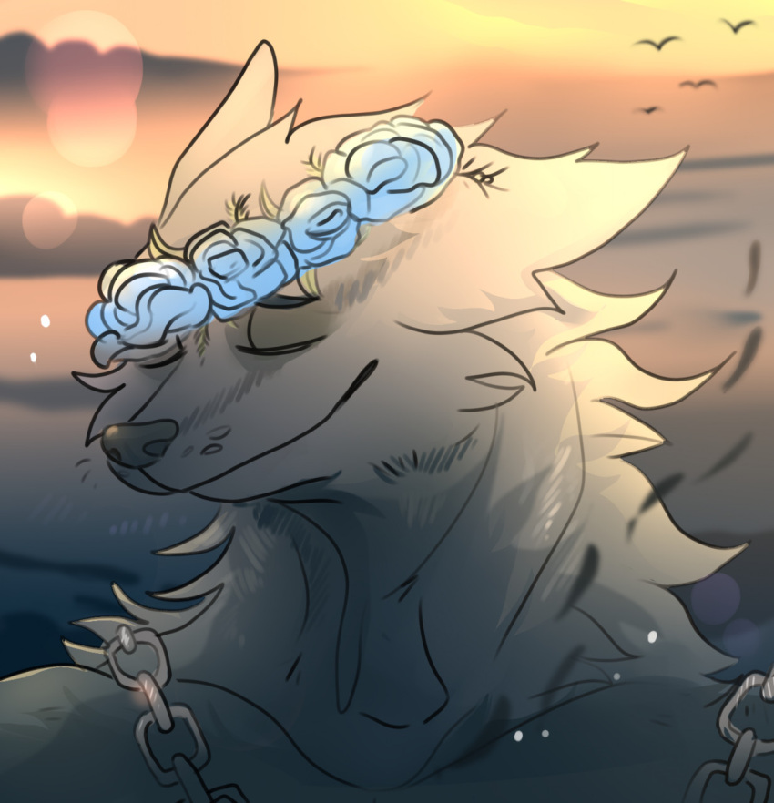 anthro canid canine canis detailed_background domestic_dog eyes_closed flower flower_crown hi_res m_bruiser male mammal plant smile solo