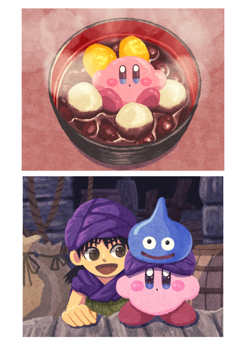 1boy absurdres bag barrel black_hair blue_eyes blush_stickers bowl brown_eyes dragon_quest dragon_quest_v food hero_(dq5) highres kirby kirby_(series) looking_at_viewer miclot mochi open_mouth pink_footwear purple_headwear shiruko_(food) shoes slime_(dragon_quest) sparkling_eyes steam turban