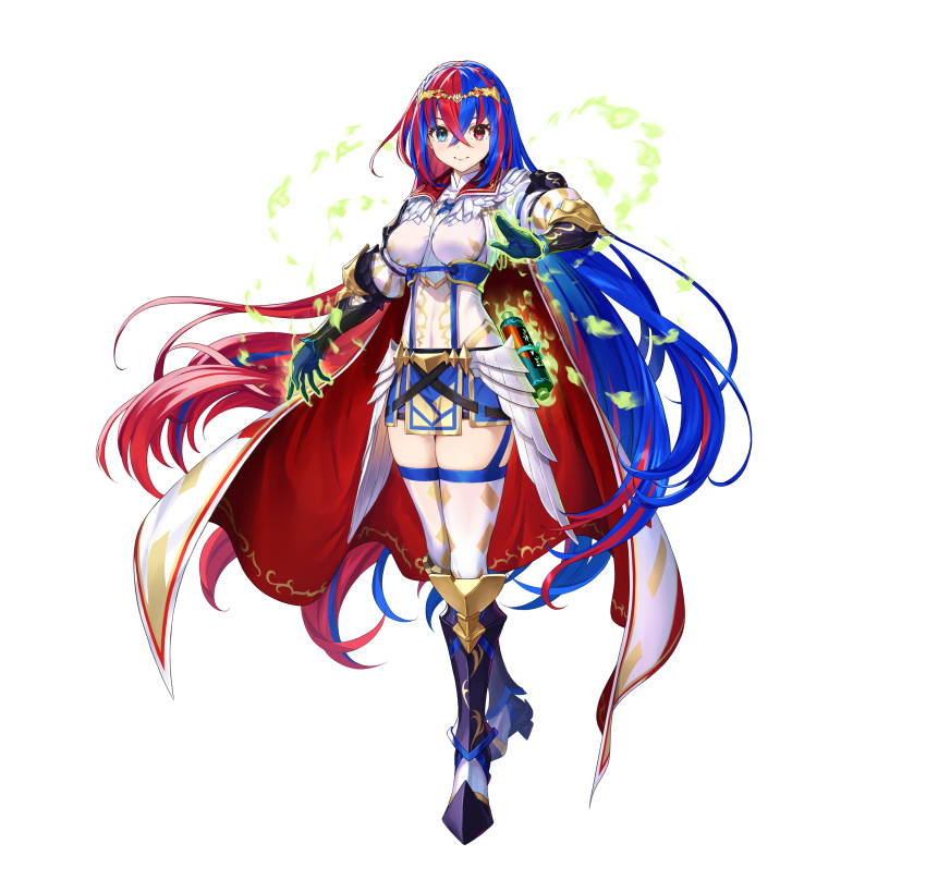 1girl absurdres alear_(female)_(fire_emblem) alear_(fire_emblem) armor black_shorts blue_eyes blue_hair braid breasts commentary_request crossed_bangs crown_braid fire_emblem fire_emblem_engage fire_emblem_heroes full_body gloves heterochromia highres jewelry kousei_horiguchi long_hair looking_at_viewer medium_breasts multicolored_hair official_art red_eyes short_shorts shorts smile solo split-color_hair tiara two-tone_hair very_long_hair