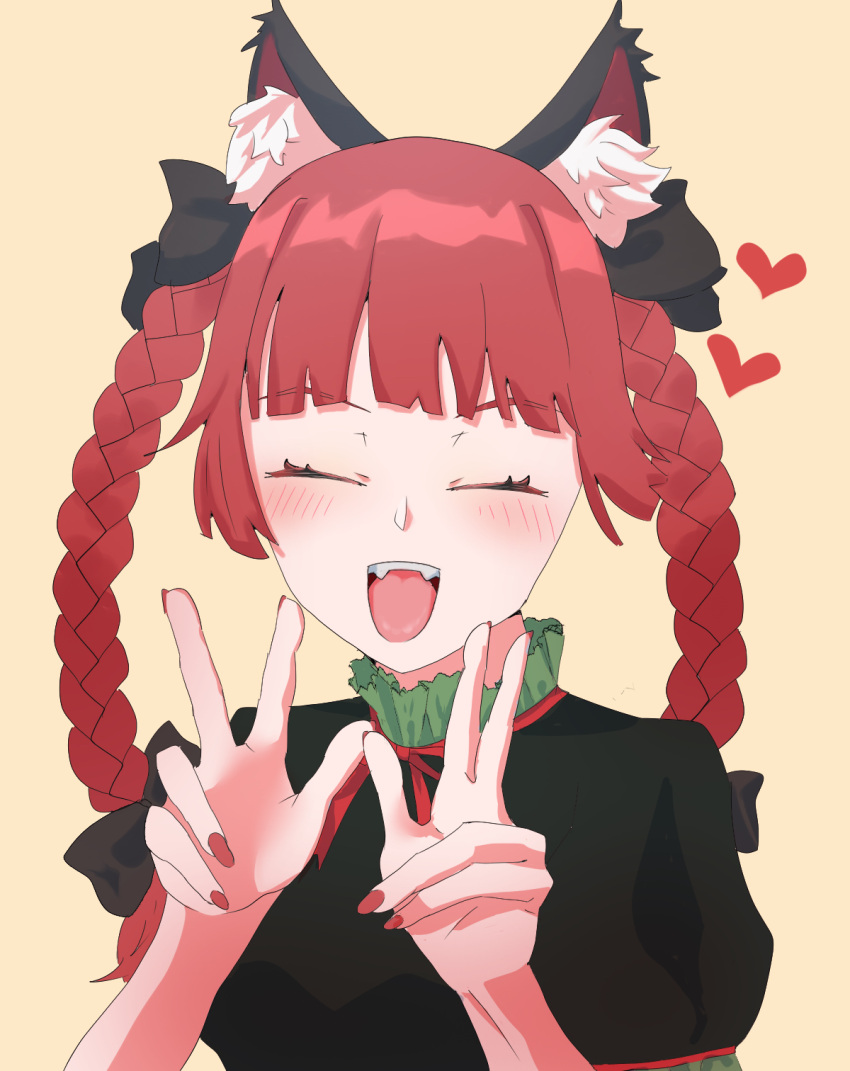 1girl animal_ear_fluff animal_ears braid cat_ears cat_girl closed_eyes commentary_request double_w facing_viewer fangs heart highres kaenbyou_rin long_hair open_mouth red_hair red_nails shi_ppo_no short_sleeves side_braids simple_background solo touhou twin_braids upper_body w yellow_background