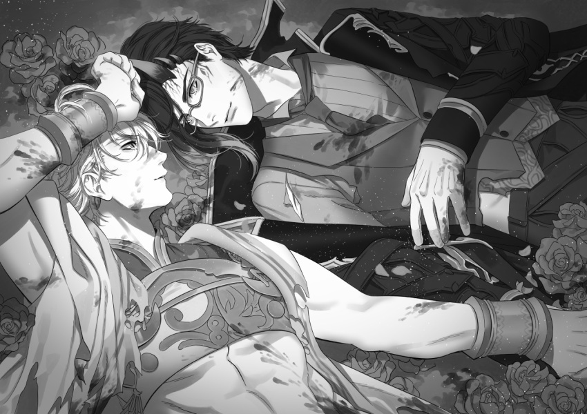 2boys abs aladdin_(sinoalice) arabian_clothes armor blood blood_on_clothes blood_on_face breastplate butler cape closed_mouth collared_shirt commission flower formal glasses grin hair_slicked_back hameln_(sinoalice) holding_hands horns looking_at_another mage_(mgmg_ff) male_focus monochrome multicolored_hair multiple_boys parted_lips rose scratches shirt short_hair sinoalice smile torn_clothes two-tone_hair yaoi