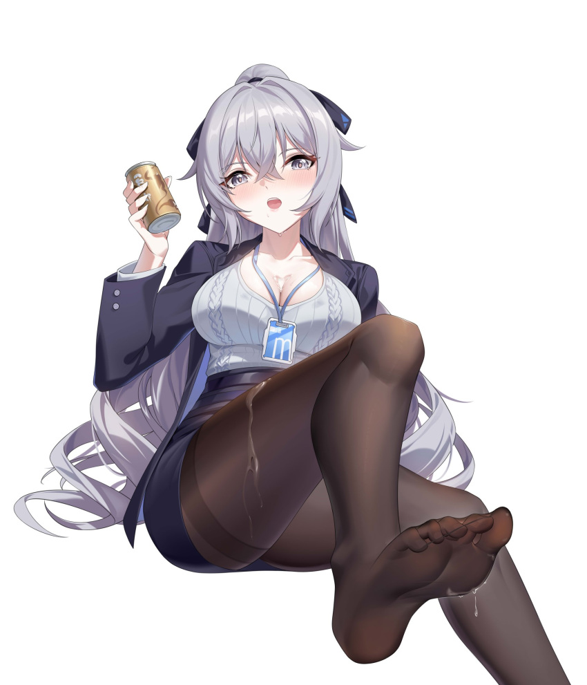 1girl black_jacket black_pantyhose black_skirt blush breasts bronya_zaychik bronya_zaychik_(silverwing:_n-ex) can cleavage crossed_bangs drill_hair feet foot_focus foot_out_of_frame grey_eyes grey_hair grey_sweater hair_ribbon high_ponytail highres holding holding_can honkai_(series) honkai_impact_3rd id_card jacket large_breasts looking_at_viewer office_lady open_mouth pantyhose ribbon shenqi_xiao_hong_zai_nali simple_background skirt soles solo sweater sweater_tucked_in thighband_pantyhose twin_drills white_background