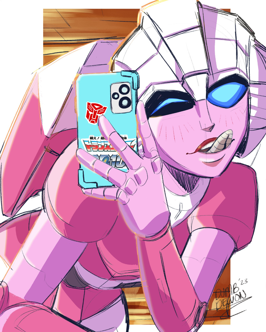 2023 absurd_res arcee autobot blue_eyes cellphone cybertronian dumbdelvon female hasbro hi_res humanoid machine metallic_body not_furry one_eye_closed phone pink_body robot robot_humanoid selfie solo takara_tomy tongue tongue_out transformers wink