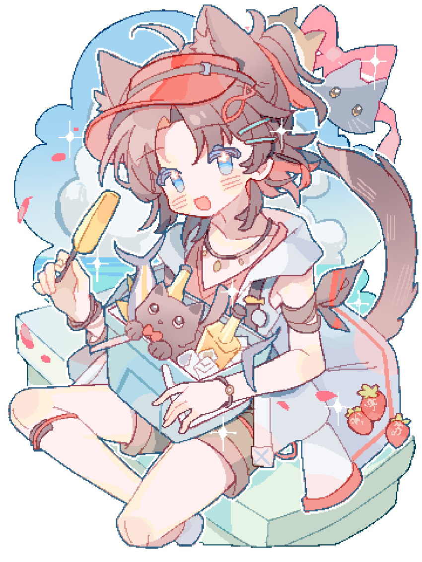 +_+ 1boy animal_ear_fluff animal_ears arknights armband bench black_armband black_cat blue_eyes blue_sky blush border bottle bow bracelet brown_hair brown_shorts buttons cat cat_boy cat_ears cat_tail cloud colored_inner_hair cooler cropped_legs fish fish_hair_ornament food fruit hair_ornament hairclip highres holding holding_food holding_popsicle ice jacket jewelry looking_at_viewer male_focus multicolored_hair necklace ocean official_alternate_costume open_clothes open_jacket open_mouth petals pixelated popsicle red_bow red_hair red_headwear red_shirt saucer_(saucer752) shirt short_sleeves shorts simple_background sitting_on_bench sky smile solo sparkle stainless_(arknights) stainless_(beach_guard)_(arknights) strawberry tail v-neck visor_cap white_background white_jacket