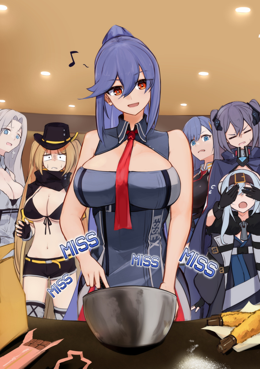 6+girls :d azur_lane bangs bare_shoulders bon_homme_richard_(azur_lane) breasts cleavage closed_eyes collarbone commentary_request cowboy_shot essex_(azur_lane) hair_between_eyes highres hornet_(azur_lane) hornet_ii_(azur_lane) indoors intrepid_(azur_lane) marshall_k multiple_girls navel open_mouth sidelocks smile standing stomach ticonderoga_(azur_lane) yorktown_(azur_lane) yorktown_ii_(azur_lane)