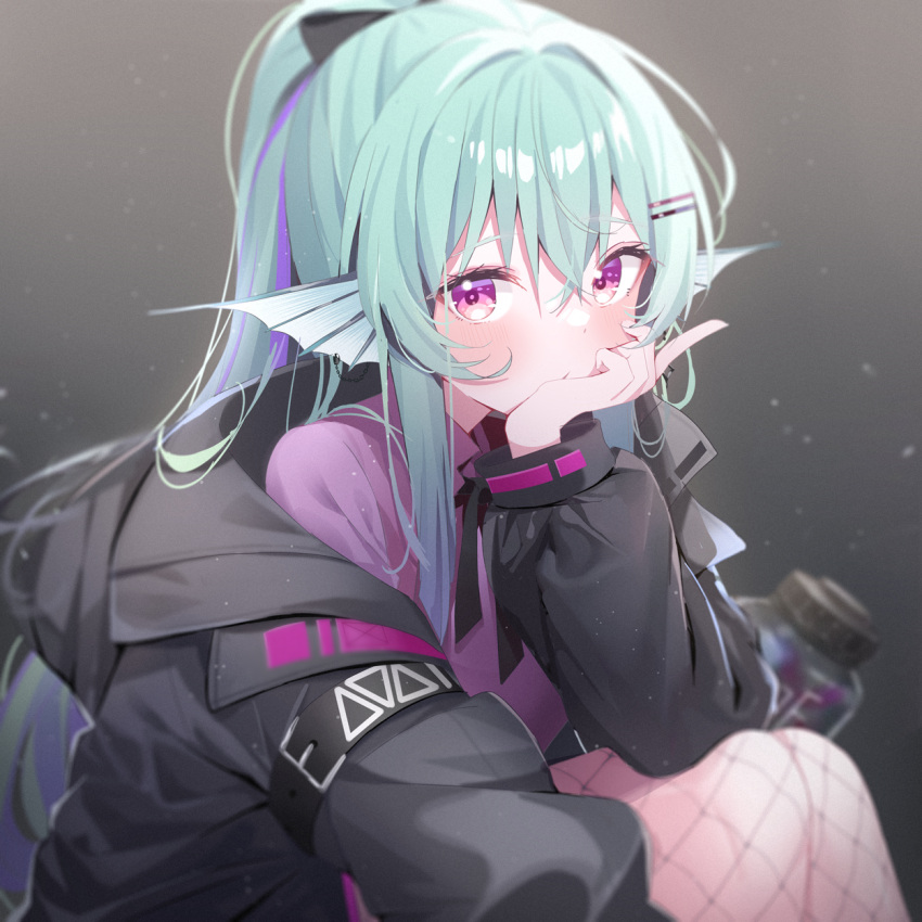 1girl black_bow black_jacket black_ribbon blush bow closed_mouth collared_shirt commentary_request deyui feet_out_of_frame finana_ryugu fish_girl fishnet_pantyhose fishnets green_hair grey_background hair_between_eyes hair_bow hair_ornament hairclip hand_up head_fins highres jacket knees_up long_hair long_sleeves looking_at_viewer multicolored_hair neck_ribbon nijisanji nijisanji_en off_shoulder open_clothes open_jacket pantyhose ponytail puffy_long_sleeves puffy_sleeves purple_eyes purple_hair purple_shirt ribbon shirt sitting solo streaked_hair very_long_hair virtual_youtuber