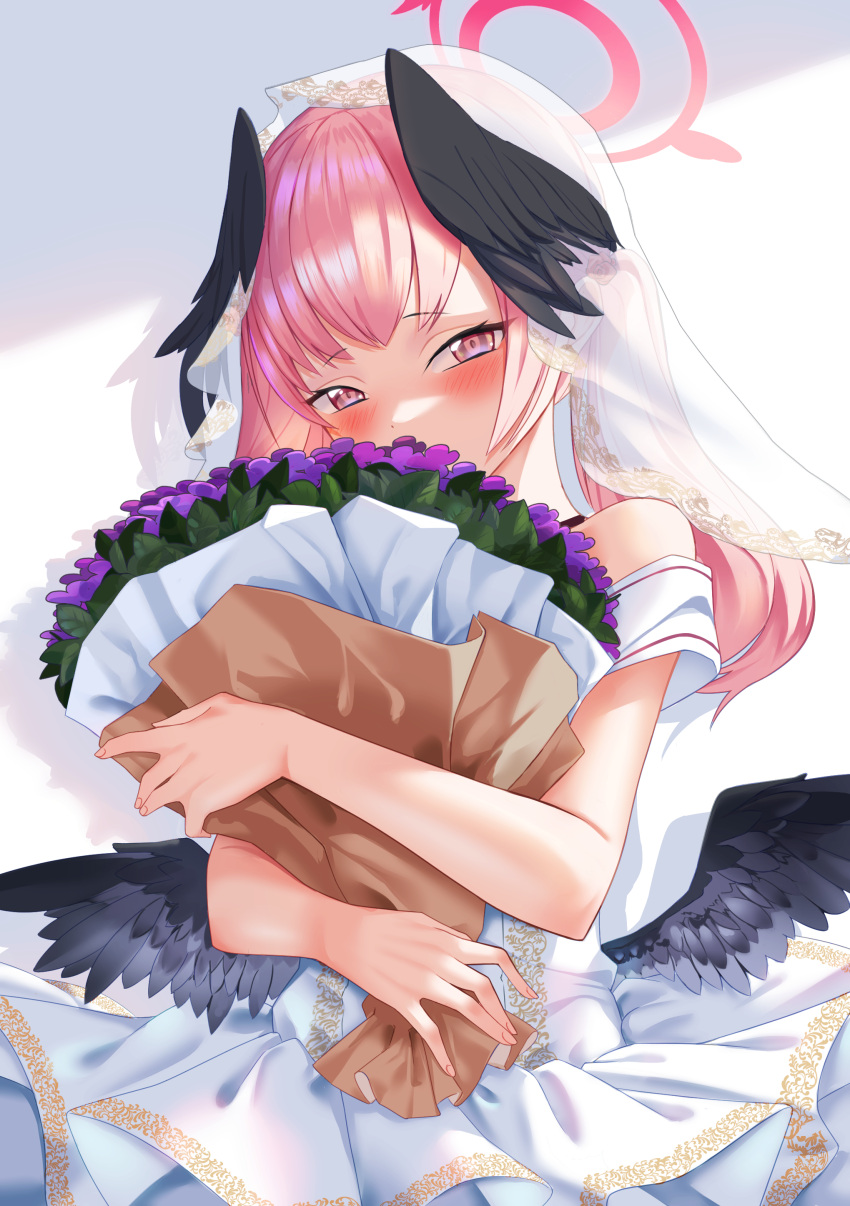 1girl absurdres alternate_costume apple_t_(ringotyasan) black_choker black_wings blue_archive blush bouquet bridal_veil choker commentary_request covering_mouth detached_sleeves dress embarrassed feathered_wings frilled_dress frills hair_between_eyes halo head_tilt head_wings highres holding holding_bouquet koharu_(blue_archive) long_hair looking_at_viewer object_hug pink_eyes pink_hair short_sleeves sidelocks simple_background solo twintails veil wedding_dress white_background white_dress wings