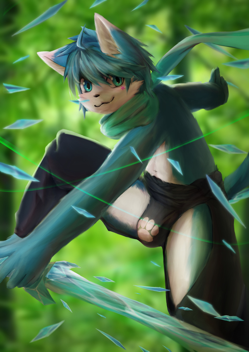 2021 :3 abstract_background absurd_res action_pose ahoge anthro big_bulge black_clothing black_lips black_nose black_underwear blue_eyes blue_hair bulge cheek_tuft clothed clothing crystal crystal_sword detailed_eyes facial_tuft green_background green_scarf hair hi_res holding_object holding_sword holding_weapon lips looking_at_viewer male mammal markings melee_weapon motion_lines navel pawprint_print pose scarf simple_background skimpy snaggle_tooth solo star_(marking) sword timothy_furry tuft underwear weapon wide_stance