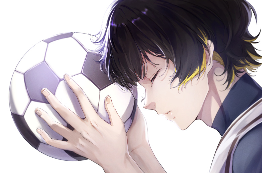 1boy absurdres bachira_meguru ball black_hair blonde_hair blue_lock bodysuit closed_eyes closed_mouth colored_inner_hair fingernails highres holding holding_ball male_focus multicolored_hair short_hair simple_background soccer_ball soccer_uniform solo sportswear two-tone_hair white_background yune525neko