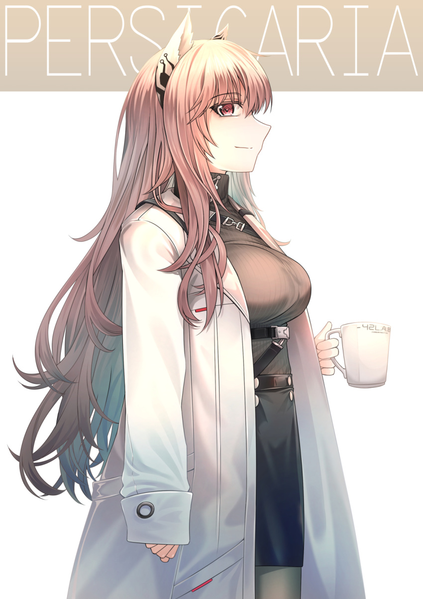 1girl animal_ears black_skirt breasts cat_ears character_name coffee_mug cowboy_shot cup from_side girls'_frontline girls'_frontline_neural_cloud highres holding holding_cup lab_coat large_breasts long_hair long_sleeves mug pantyhose persicaria_(neural_cloud) pink_hair profile red_eyes ribbed_sweater senpaihawkkun simple_background skirt sleeves_past_wrists smile solo sweater turtleneck turtleneck_sweater white_background