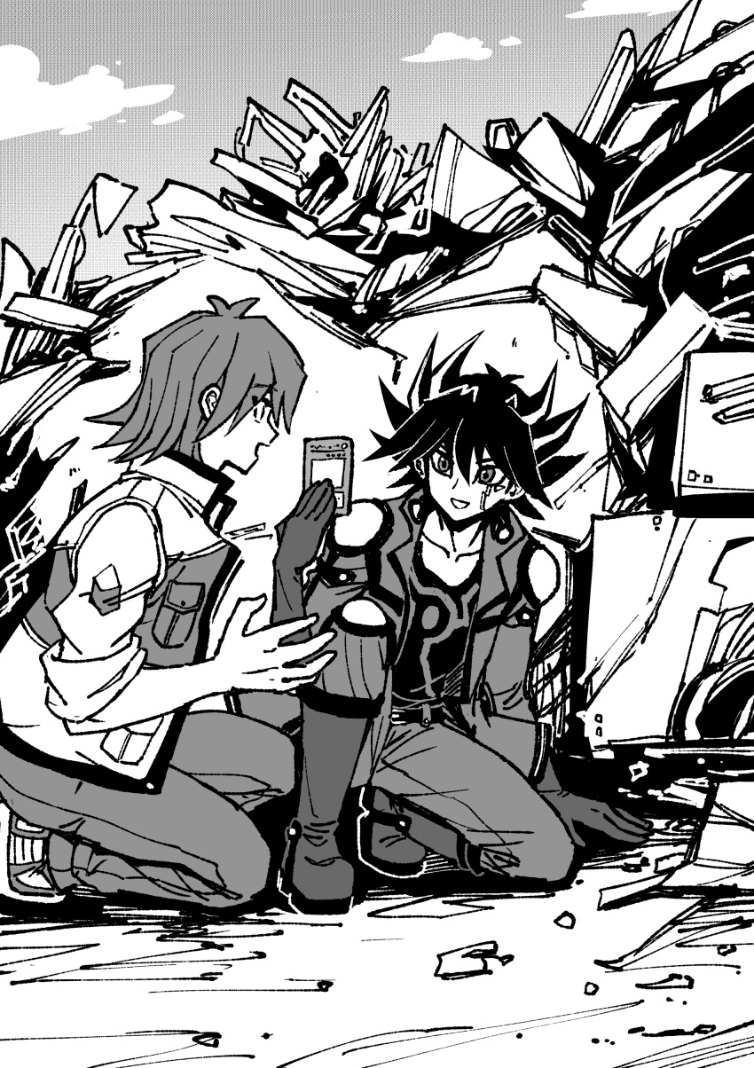 2boys absurdres belt black_hair boots bruno_(yu-gi-oh!) cloud cloudy_sky collarbone commentary_request day facial_mark facial_tattoo facing_to_the_side fudou_yuusei gloves greyscale hand_on_ground hand_up happy high_collar highres holding jacket junkyard kneeling long_sleeves looking_at_another male_focus marking_on_cheek monochrome multiple_boys on_ground on_one_knee open_clothes open_jacket open_mouth outdoors pants screentones shirt shoes short_hair shoulder_pads sky sleeves_rolled_up smile sneakers spiked_hair talking tattoo youko-shima yu-gi-oh! yu-gi-oh!_5d's