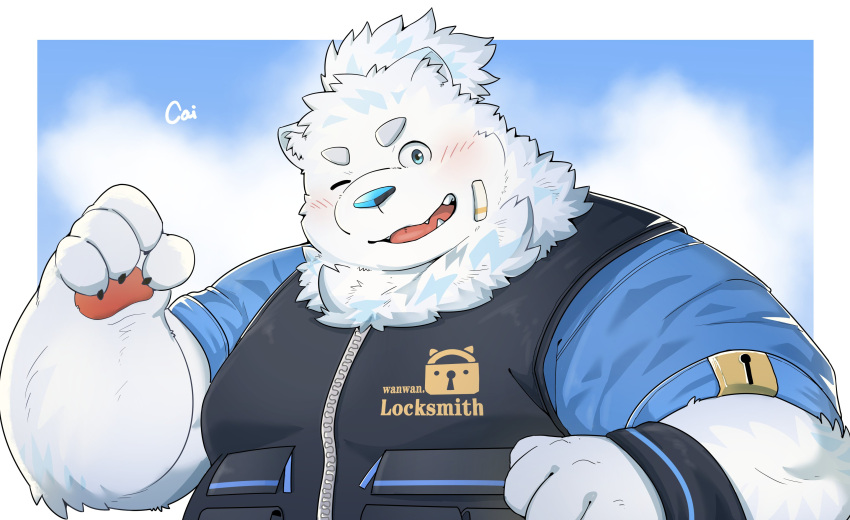 2023 absurd_res anthro blush cai_yuwang canid canine canis clothing domestic_dog fur hi_res kemono lifewonders live_a_hero male mammal one_eye_closed overweight overweight_male portrait shirt simple_background solo topwear white_body white_fur wink yohack