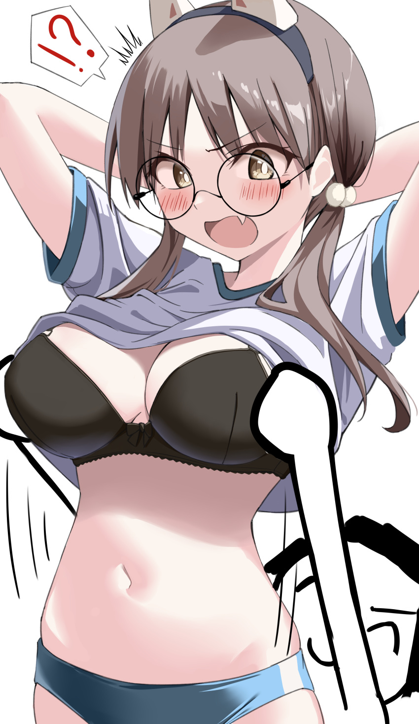 !? 1boy 1girl absurdres animal_ears arms_behind_head arona's_sensei_doodle_(blue_archive) black-framed_eyewear black_bra blue_archive blue_buruma blush bra breasts brown_eyes brown_hair buruma clothes_lift fake_animal_ears fang glasses gym_shirt gym_uniform highres large_breasts lifted_by_another long_hair low_twintails mizumok1 moe_(blue_archive) navel open_mouth rabbit_ears round_eyewear sensei_(blue_archive) shirt shirt_lift short_sleeves simple_background skin_fang twintails underwear white_background white_shirt