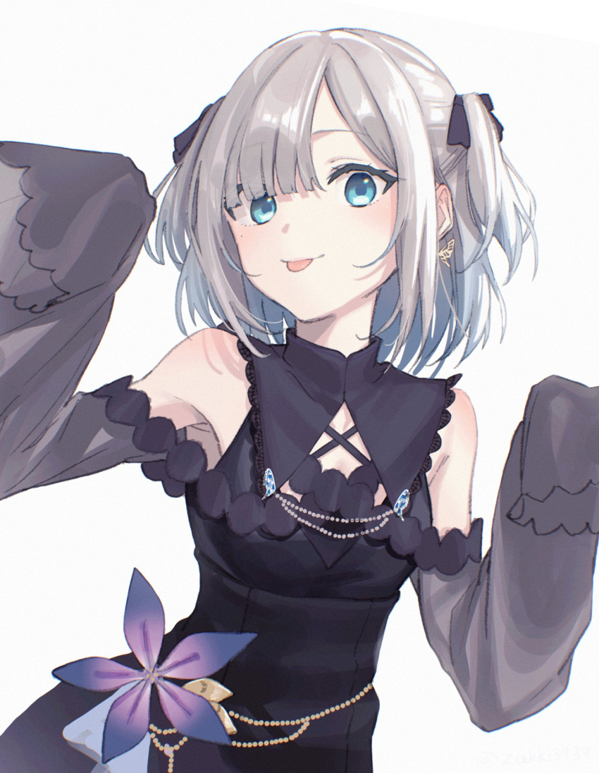 1girl aqua_eyes asymmetrical_bangs bare_shoulders black_dress bow breasts closed_mouth detached_sleeves dress earrings grey_hair hair_bow highres jewelry kaga_sumire looking_at_viewer lupinus_virtual_games short_hair sidelocks sleeveless sleeveless_dress sleeves_past_fingers sleeves_past_wrists small_breasts solo tongue tongue_out upper_body virtual_youtuber vspo! zakki3939