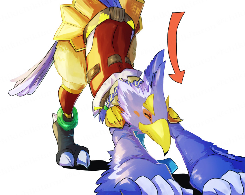 anthro avian beak bent_over blue_body blue_feathers braided_hair breath_of_the_wild chikichikitaron claws feathers hair hi_res jack-o'_pose male nintendo pose revali rito simple_background solo stretching talons the_legend_of_zelda white_background wings