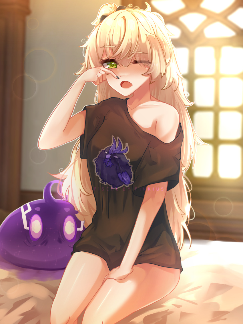 1girl absurdres bed bird black_ribbon black_shirt blonde_hair blush bow breasts crow exhausted fischl_(genshin_impact) genshin_impact green_eyes hair_over_one_eye hair_ribbon highres long_hair medium_breasts messy_hair morning no_eyepatch one_eye_closed open_mouth oz_(genshin_impact) pinkius print_shirt ribbon rubbing_eyes seiza shirt shoul sitting sleepy slime_(genshin_impact) t-shirt textless_version two_side_up waking_up window yawning