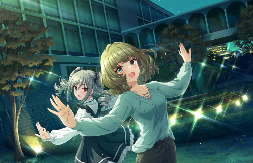 2girls :d aqua_eyes black_bow black_dress bow breasts cleavage collarbone cowboy_shot dress drill_hair eyelashes feet_out_of_frame game_cg green_hair grey_hair grey_shirt hair_between_eyes hair_bow hands_up idolmaster idolmaster_cinderella_girls idolmaster_cinderella_girls_starlight_stage kanzaki_ranko lens_flare long_hair long_sleeves looking_at_viewer looking_back medium_hair mole mole_under_eye multiple_girls night night_sky official_art open_mouth outdoors outstretched_arms pink_eyes shirt sidelocks sky small_breasts smile standing takagaki_kaede tree twin_drills two-tone_dress white_dress