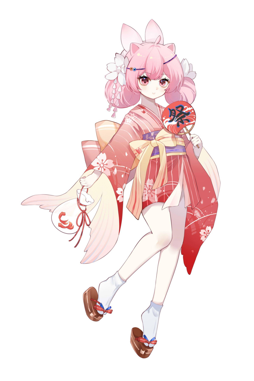 1girl absurdres animal_ears anqing bag bcy brown_footwear cat_ears cherry_blossom_print fish floral_print flower full_body goldfish hair_flower hair_ornament hand_fan highres holding holding_bag holding_fan japanese_clothes kimono looking_at_viewer low_twintails okobo paper_fan pink_eyes pink_hair pouch red_kimono ruan_miemie shoes smile socks solo standing standing_on_one_leg tabi twintails uchiwa white_background white_footwear white_socks wide_sleeves