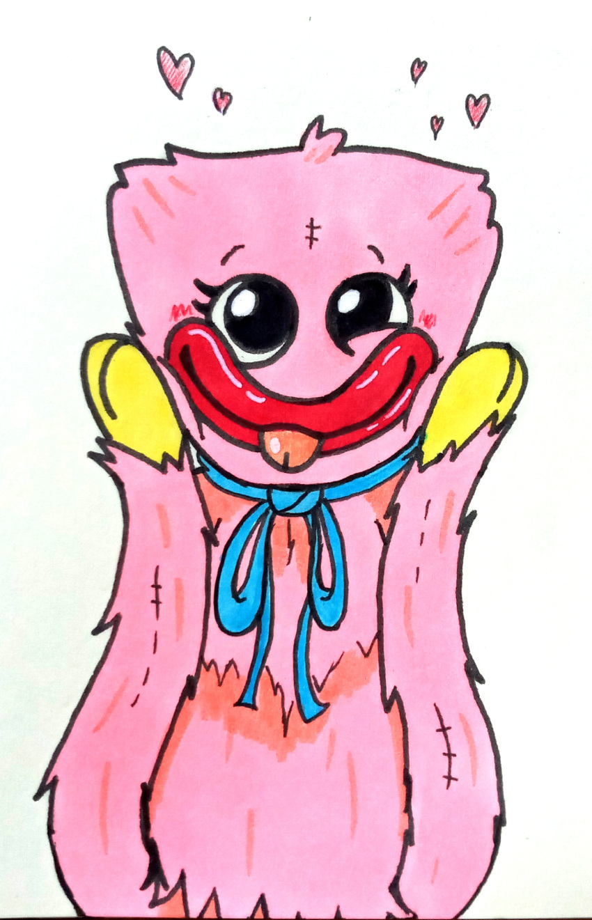 &lt;3 absurd_res animate_inanimate blush bow_ribbon chest_tuft eyelashes female fur glury_the_unown hi_res humanoid kissy_missy living_plushie looking_at_viewer monster neck_bow neckwear pink_body pink_fur plushie poppy_playtime ribbons seam_(sewing) simple_background solo tongue tongue_out tuft white_background