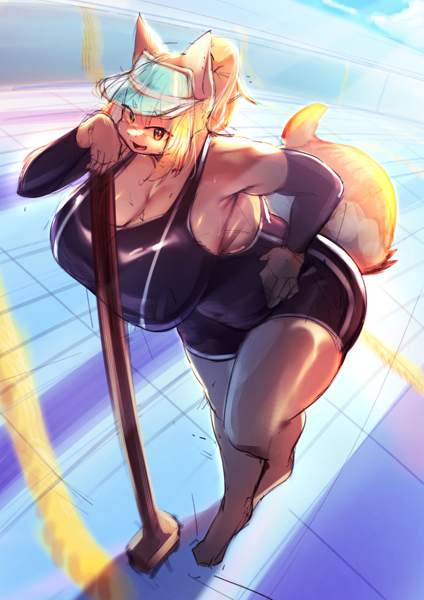 2023 5_fingers amber_eyes anthro barefoot big_breasts biped black_clothing black_one-piece_swimsuit black_pupils black_swimwear blonde_hair breasts broom brown_body brown_fur canid canine cleaning_tool cleavage clothed clothing colored countershade_arms countershade_face countershade_fur countershade_legs countershade_torso countershading curvy_figure day detailed_background digital_media_(artwork) feet female female_anthro fingers fox front_view full-length_portrait fully_clothed fur glistening glistening_breasts glistening_clothing glistening_swimwear guide_lines hair hand_on_hip hat headgear headwear hi_res high-angle_view hourglass_figure huge_breasts kemono leaning leaning_forward leaning_on_object light looking_at_viewer mammal monotone_ears monotone_hair monotone_tail multicolored_body multicolored_fur navel_outline one-piece_swimsuit open_mouth open_smile outside ponytail portrait pupils shaded sky slightly_chubby smile solo standing sunlight swimwear tail tan_body tan_breasts tan_countershading tan_ears tan_fur tan_tail three-quarter_view two_tone_body two_tone_fur visor_cap voluptuous white_inner_ear wide_hips yellow_eyes yurari_yr