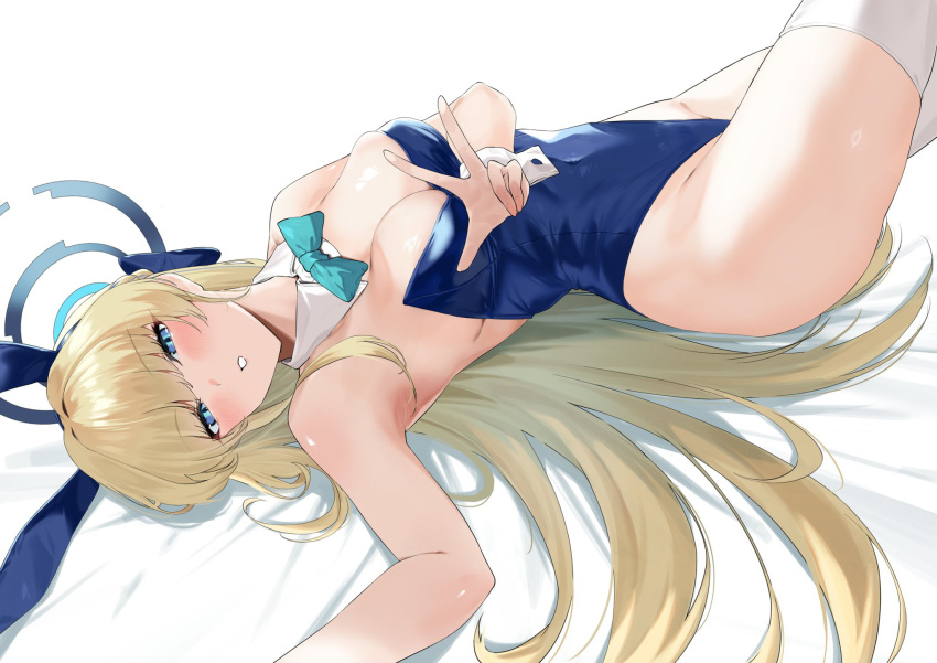 1girl agape_il animal_ears bare_shoulders blonde_hair blue_archive blue_bow blue_eyes blue_hairband blue_leotard bow bowtie braid breasts detached_collar fake_animal_ears from_side hairband halo highleg highleg_leotard highres leotard long_hair lying medium_breasts official_alternate_costume official_alternate_hairstyle on_back parted_lips playboy_bunny rabbit_ears simple_background solo thighhighs thighs toki_(blue_archive) toki_(bunny)_(blue_archive) very_long_hair w white_background white_thighhighs wrist_cuffs