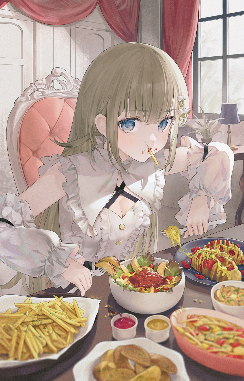1girl blue_eyes blunt_bangs bowl breasts capelet cattleya_regina_games center_frills chair cleavage commentary curtains detached_sleeves dress eating food food_in_mouth fork french_fries frilled_sleeves frills full_mouth grey_hair hair_ornament hanabusa_lisa highres holding holding_fork lampshade lettuce long_hair looking_at_viewer medium_breasts mouth_hold nakashima_(pluscolor) plant plate potato potato_salad potato_wedges potted_plant sauce saucer sidelocks sitting solo table tomato tomato_sauce too_many upper_body virtual_youtuber vspo! white_capelet white_dress white_sleeves window