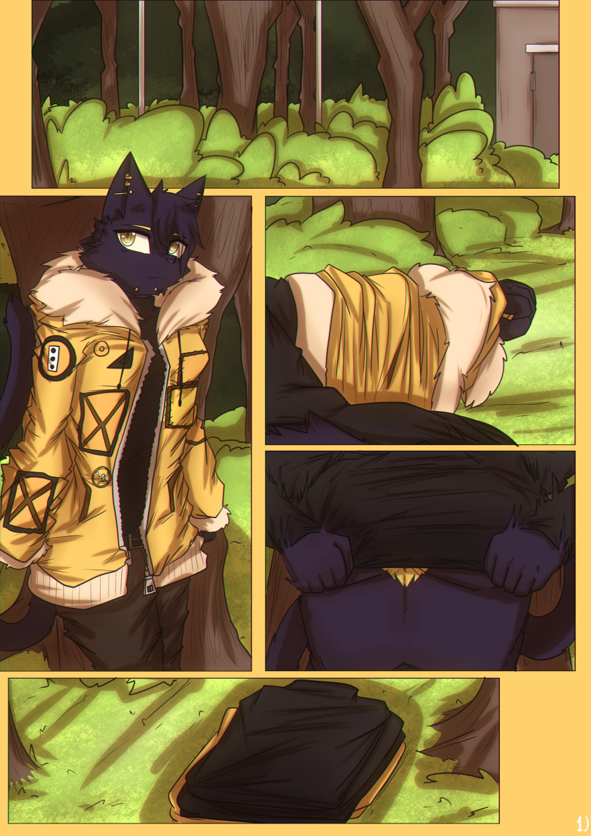 absurd_res anthro behind_tree black_body black_fur clothed clothing coat domestic_cat ear_piercing felid feline felis forest fur hi_res jun_(skshadowknight) male mammal park piercing plant skshadowknight taking_off_shirt topwear tree yellow_body yellow_eyes yellow_fur