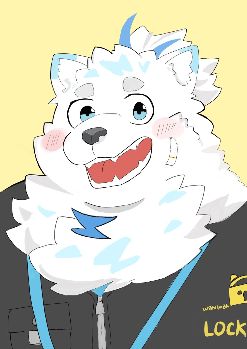 anthro blue_eyes blush bust_portrait canid canine canis domestic_dog fur hi_res jewelry lifewonders live_a_hero looking_at_viewer male mammal neck_tuft necklace niwatori_kun87 nordic_sled_dog portrait samoyed simple_background solo spitz tuft white_body white_fur yellow_background yohack