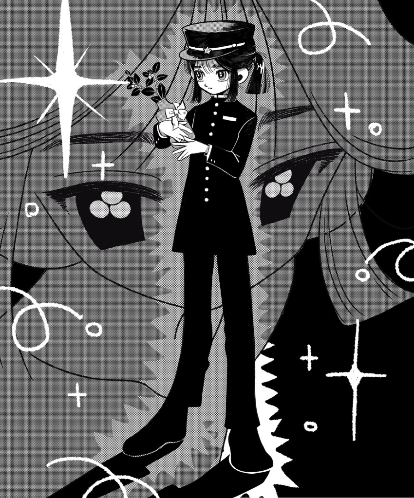 1boy blunt_ends buttoned_cuffs buttons closed_mouth full_body fuminooco gakuran gakuseibou greyscale halftone hat highres holding_vase jacket long_sleeves male_focus medium_hair monochrome multiple_views original pants peaked_cap ponytail school_uniform screentones shoes sidelocks sparkle standing uniform