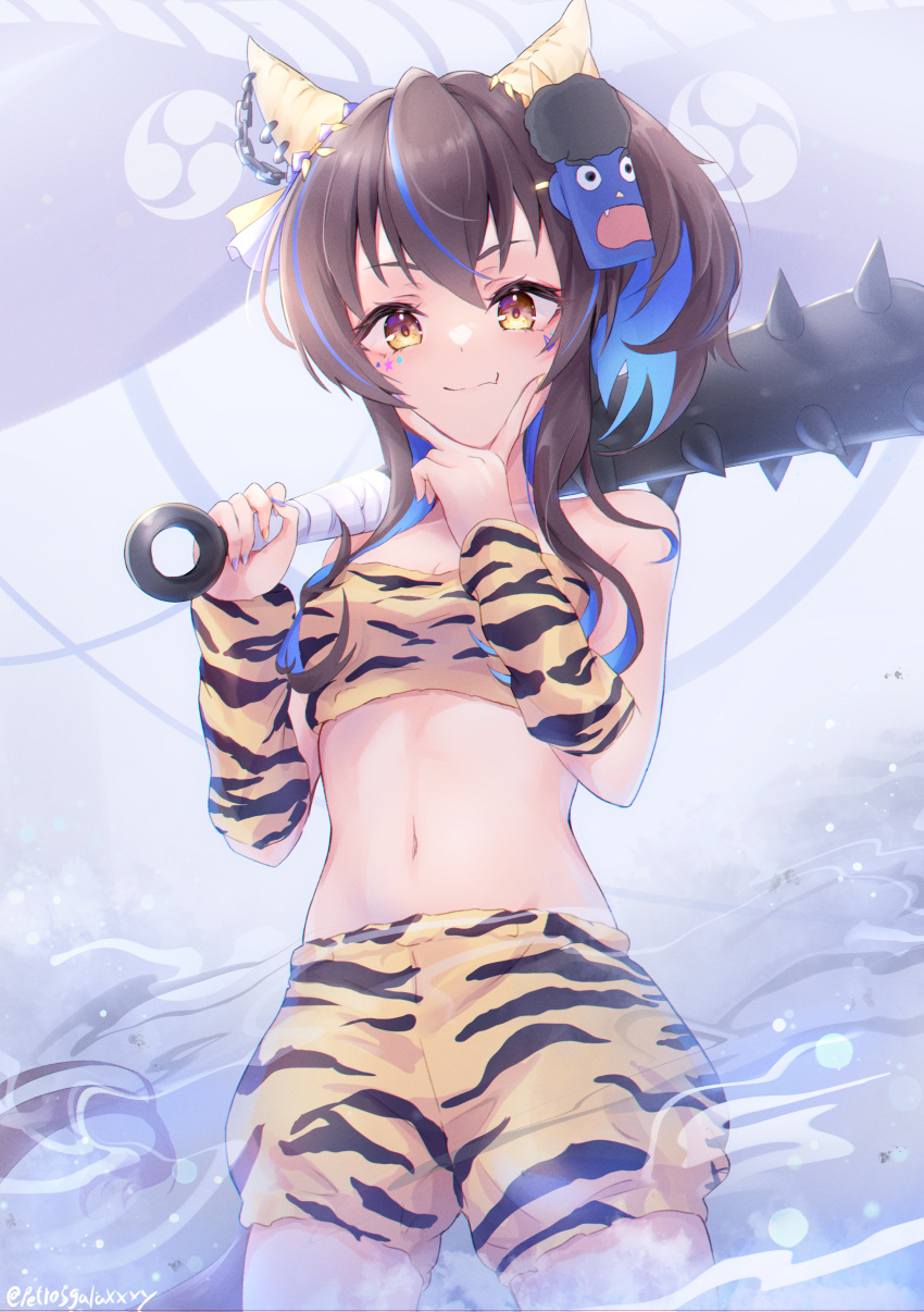 absurdres animal_ears animal_print bare_shoulders blue_hair blush breasts brown_hair closed_mouth colored_inner_hair commentary_request cosplay cowboy_shot daitaku_helios_(umamusume) ear_covers ear_piercing facial_tattoo fang hair_between_eyes highres holding holding_weapon horse_ears horse_girl looking_at_viewer mask medium_breasts medium_hair midriff multicolored_hair navel oni_mask peteron piercing puffy_shorts sakura_laurel_(umamusume) sakura_laurel_(umamusume)_(cosplay) shorts side_ponytail skin_fang smile spiked_bat streaked_hair tattoo tiger_print umamusume v weapon yellow_eyes
