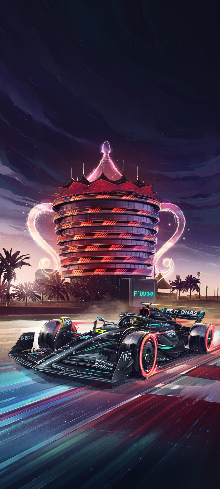 1boy absurdres andrew_mytro car driving english_commentary formula_one glowing helmet highres lewis_hamilton making-of_available motion_blur motor_vehicle night night_sky official_art palm_tree promotional_art race_vehicle racecar real_life sky spoiler_(automobile) tree vehicle_focus