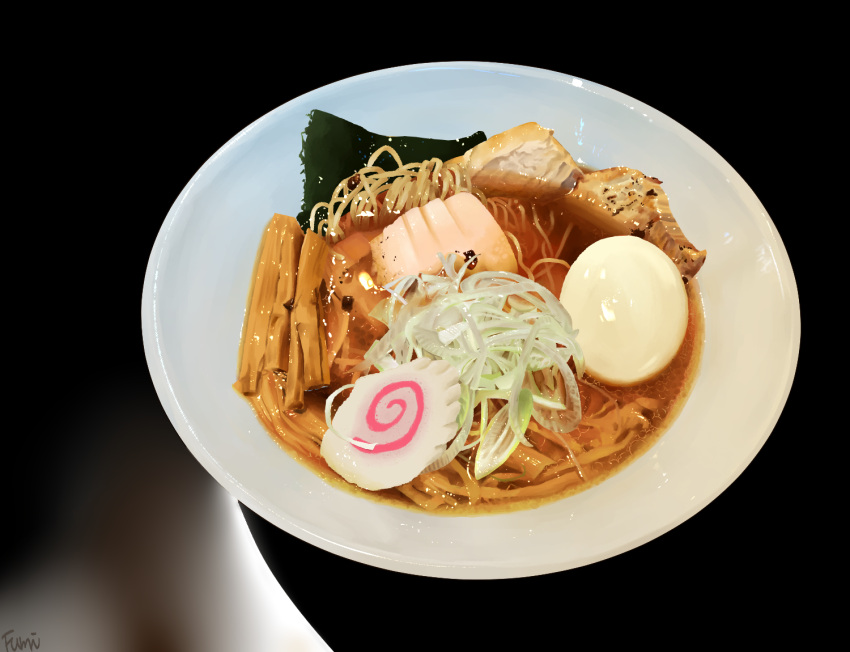 aon968 bowl egg food food_focus kamaboko meat narutomaki no_humans noodles nori_(seaweed) original ramen shadow signature still_life