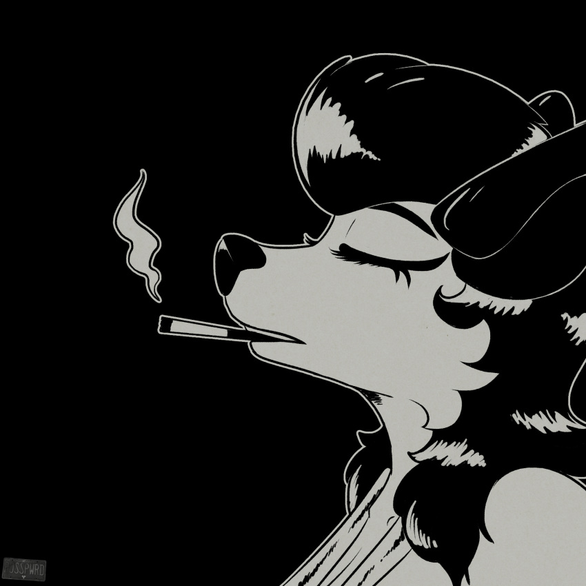 1:1 anthro black_and_white bonnie_vale_(posspowered) cigarette clothing didelphid eyes_closed female hi_res mammal marsupial monochrome noir pompadour posspowered shirt smoking solo tank_top topwear