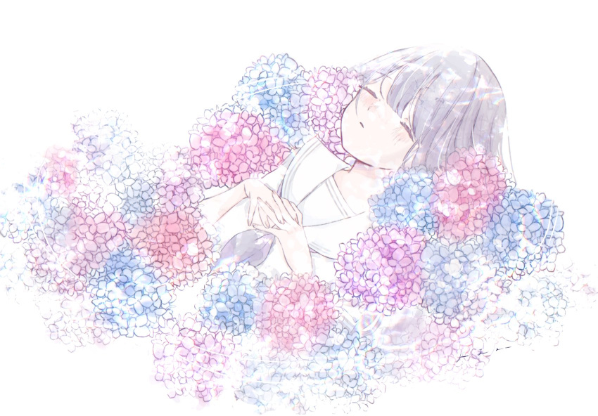 1girl afloat black_hair blue_flower blue_neckerchief blush closed_eyes flower highres hydrangea in_water kotono_n0 lying medium_hair neckerchief original own_hands_together parted_lips pastel_colors pink_flower ripples sailor_collar school_uniform serafuku shirt short_sleeves sleeping solo upper_body water white_sailor_collar white_shirt