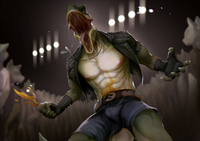 abs anthro bodily_fluids clothing concert dinosaur hi_res jacket leather leather_clothing leather_jacket leather_topwear male mouth_shot muscular muscular_anthro muscular_male nipples open_mouth pecs poisewritik reptile rocco_(tallion) saliva saliva_string scales scalie theropod topwear tyrannosaurid tyrannosaurus tyrannosaurus_rex