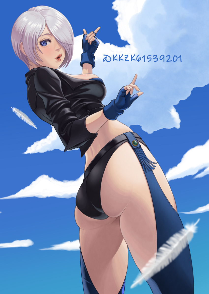 1girl angel_(kof) ass backless_pants blue_eyes bra breasts chaps cleavage crop_top cropped_jacket fingerless_gloves gloves good_ass_day hair_over_one_eye highres jacket kkzk61539201 large_breasts leather leather_jacket looking_at_viewer midriff navel panties pants short_hair snk solo strapless strapless_bra the_king_of_fighters the_king_of_fighters_xiv toned underwear white_hair