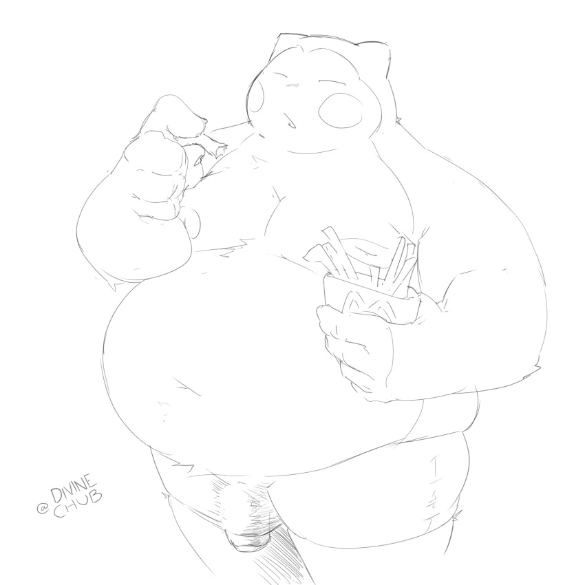 2023 anthro belly big_belly bottomwear clothing divinechub eyes_closed food generation_1_pokemon genitals hi_res male moobs navel nintendo nipples obese obese_male overweight overweight_male penis pokemon pokemon_(species) shorts simple_background snorlax solo