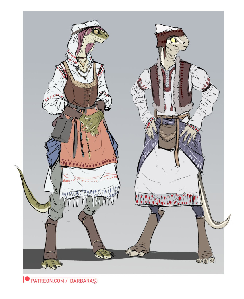2022 anthro biped claws clothed clothing colored darbaras duo female green_body hat headgear headwear hi_res lizard male patreon patreon_logo pouch_(clothing) reptile scalie simple_background tail tan_body text toe_claws url