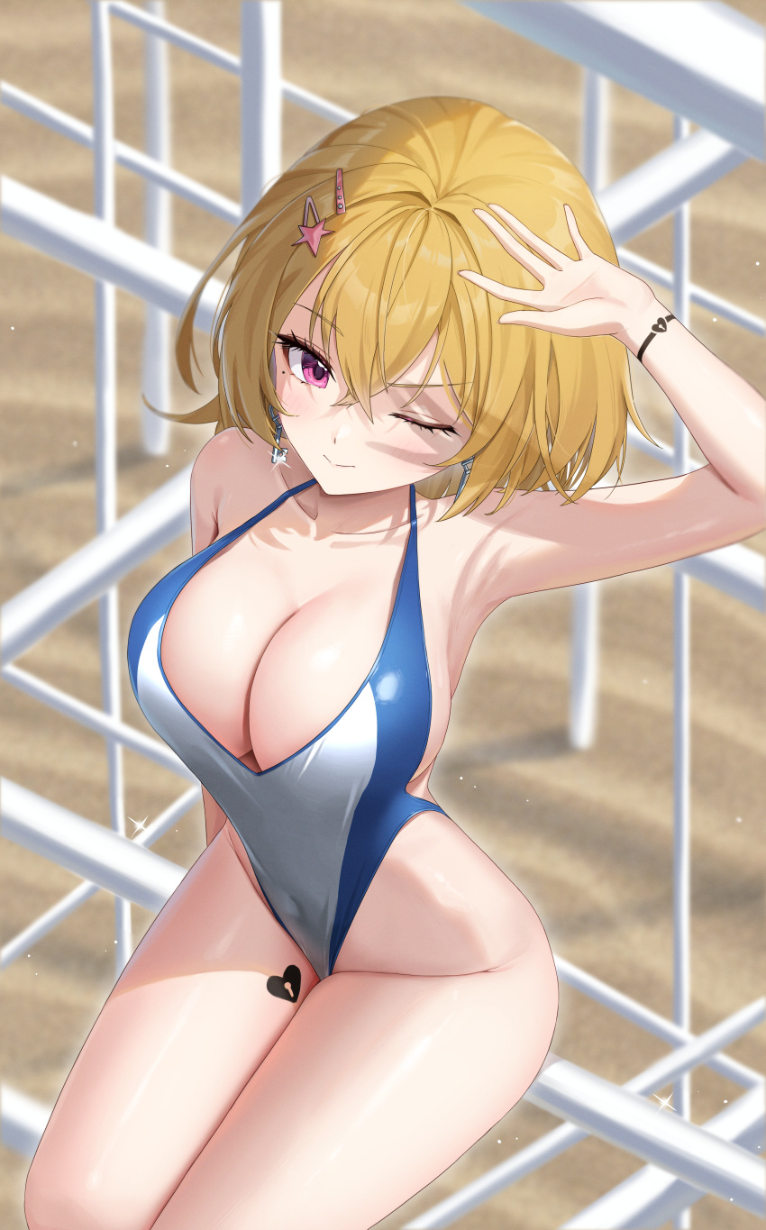 1girl absurdres arm_up armpits bare_legs bare_shoulders blonde_hair blush breasts cleavage closed_mouth commentary_request competition_swimsuit copyright_request covered_navel earrings hair_between_eyes hair_ornament hairclip heart heart_tattoo highleg highleg_swimsuit highres jewelry large_breasts leg_tattoo looking_at_viewer medium_hair mole mole_under_eye one-piece_swimsuit one_eye_closed pink_eyes rinrasetsu shading_eyes sideboob sitting solo swimsuit tattoo thighs two-tone_swimsuit