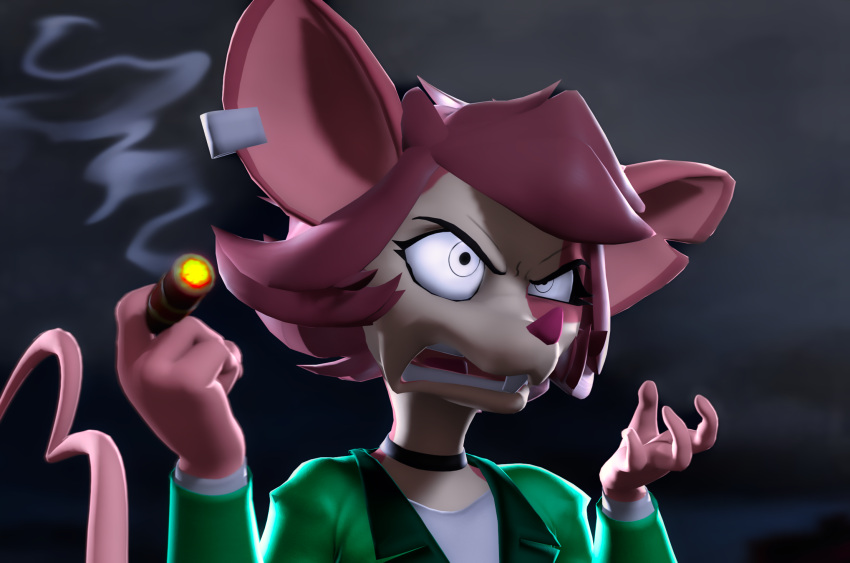 2023 3d_(artwork) angry animaniacs_(2020) anthro biped black_hair black_nose brown_clothing brown_jacket brown_topwear buckteeth choker cigar clothed clothing digital_media_(artwork) female front_view grey_body hair hi_res holding_cigar holding_object jacket jewelry julia_brain mammal mouse murid murine necklace notched_ear open_mouth pinky_and_the_brain rodent shirt simple_background smoke solo standing teeth tongue topwear warfaremachine warner_brothers white_clothing white_eyes white_shirt white_topwear